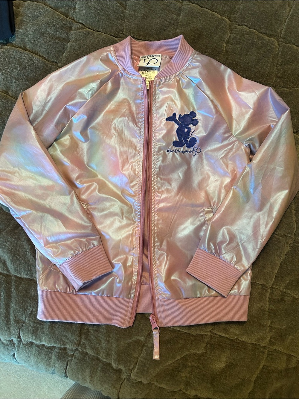 Disney Pink Iridescent Mickey 50th Anniversary Kids Bomber Jacket